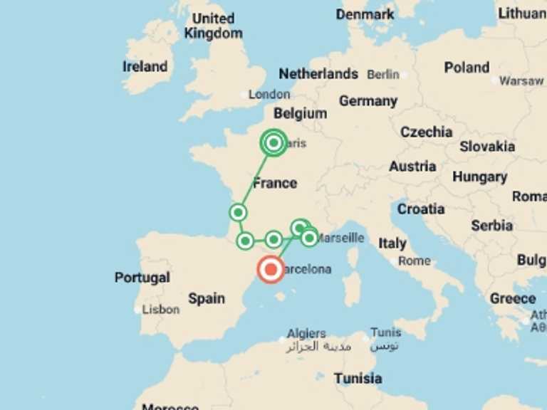 Map itinerary of Europe Tour in January 2027 with 4 destination visits for the trip: Paris, Lourdes, Côte d Azur, Provence and Barcelona