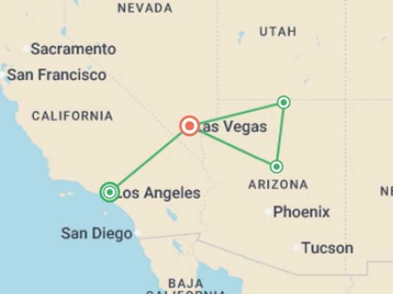 Map itinerary of North America Tour in June 2026 with 4 destination visits for the trip: LA to Monument Valley & Vegas - 5 days