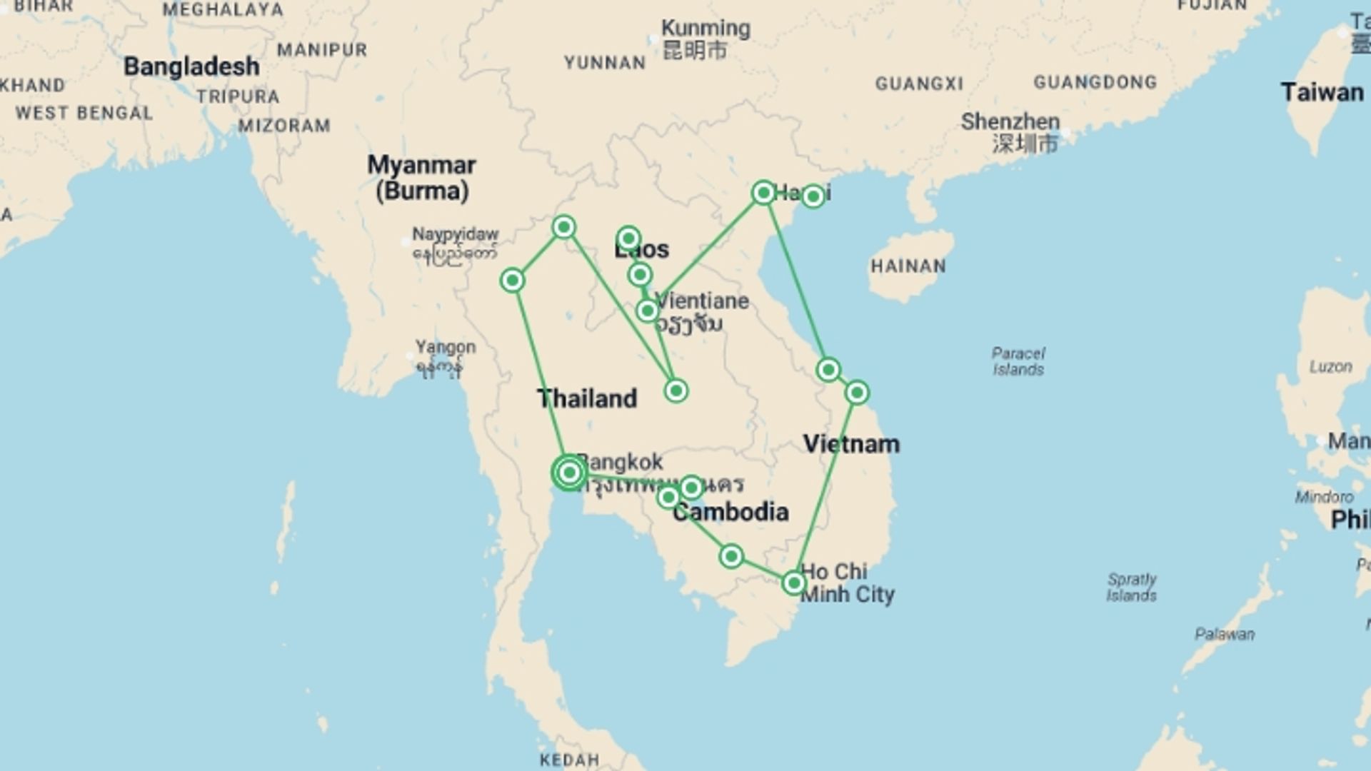 A map showing the tour itinerary for the trip: South East Asia Loop, starting in Bangkok, Thailand and ending in Bangkok, Thailand going through 14 other destinations.