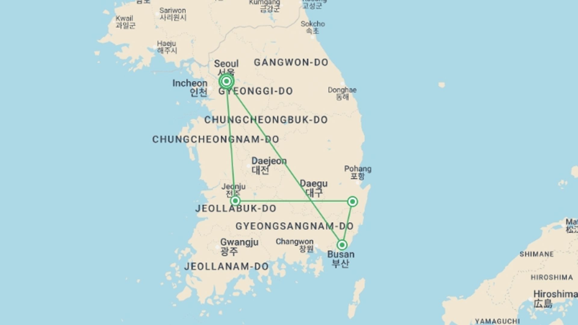 A map showing the tour itinerary for the trip: South Korea Family Adventure - 9 days, starting in Seoul, South Korea and ending in Seoul, South Korea going through 3 other destinations.
