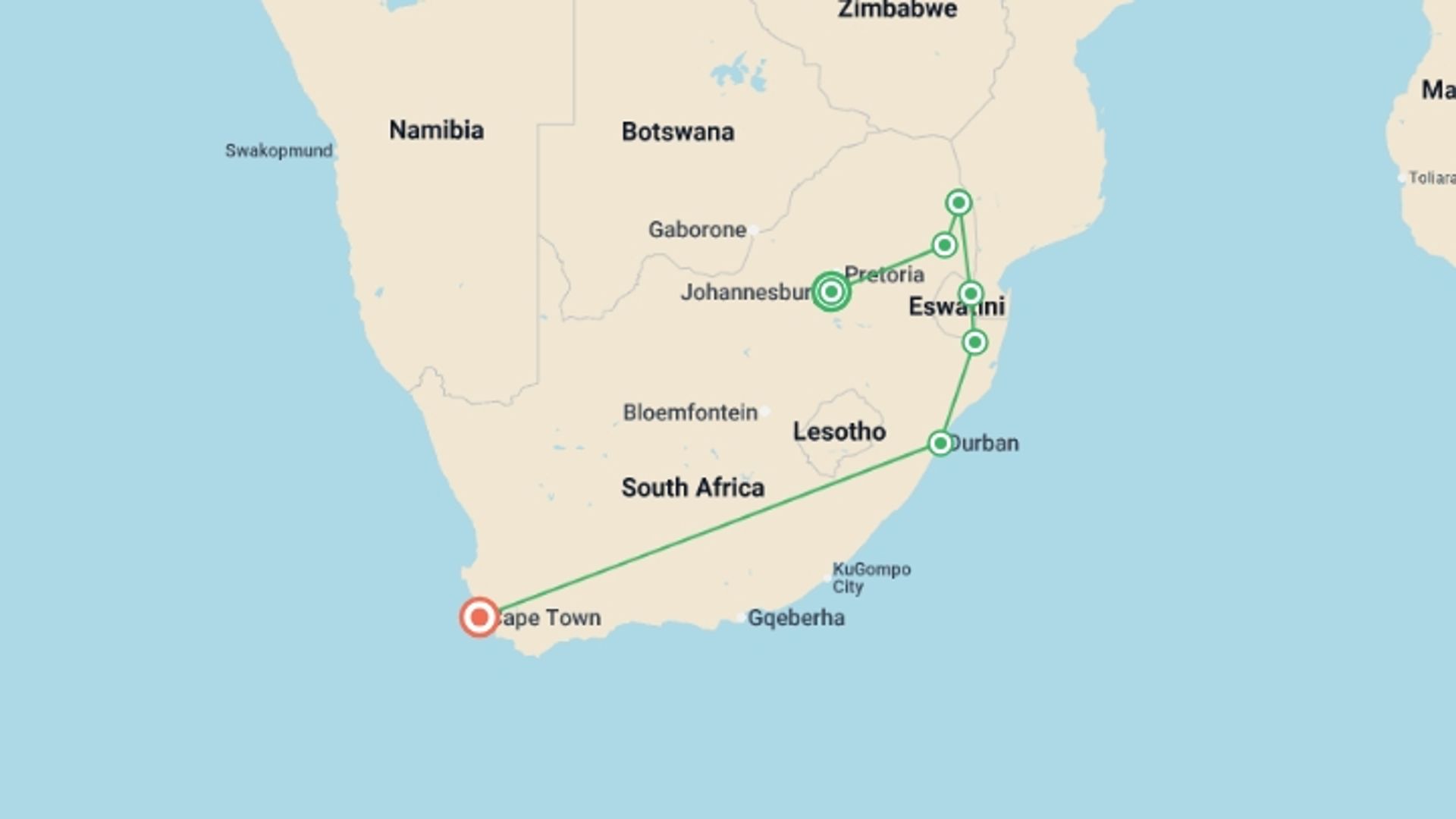 A map showing the tour itinerary for the trip: South Africa Adventure, starting in Johannesburg, South Africa and ending in Cape Town, South Africa going through 5 other destinations.