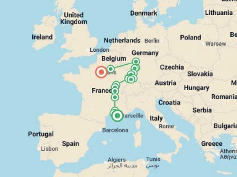 Map itinerary of Mediterranean Tour in July 2026 with 7 destination visits for the trip: Cote d Azur, Burgundy, Alsace and Black Forest