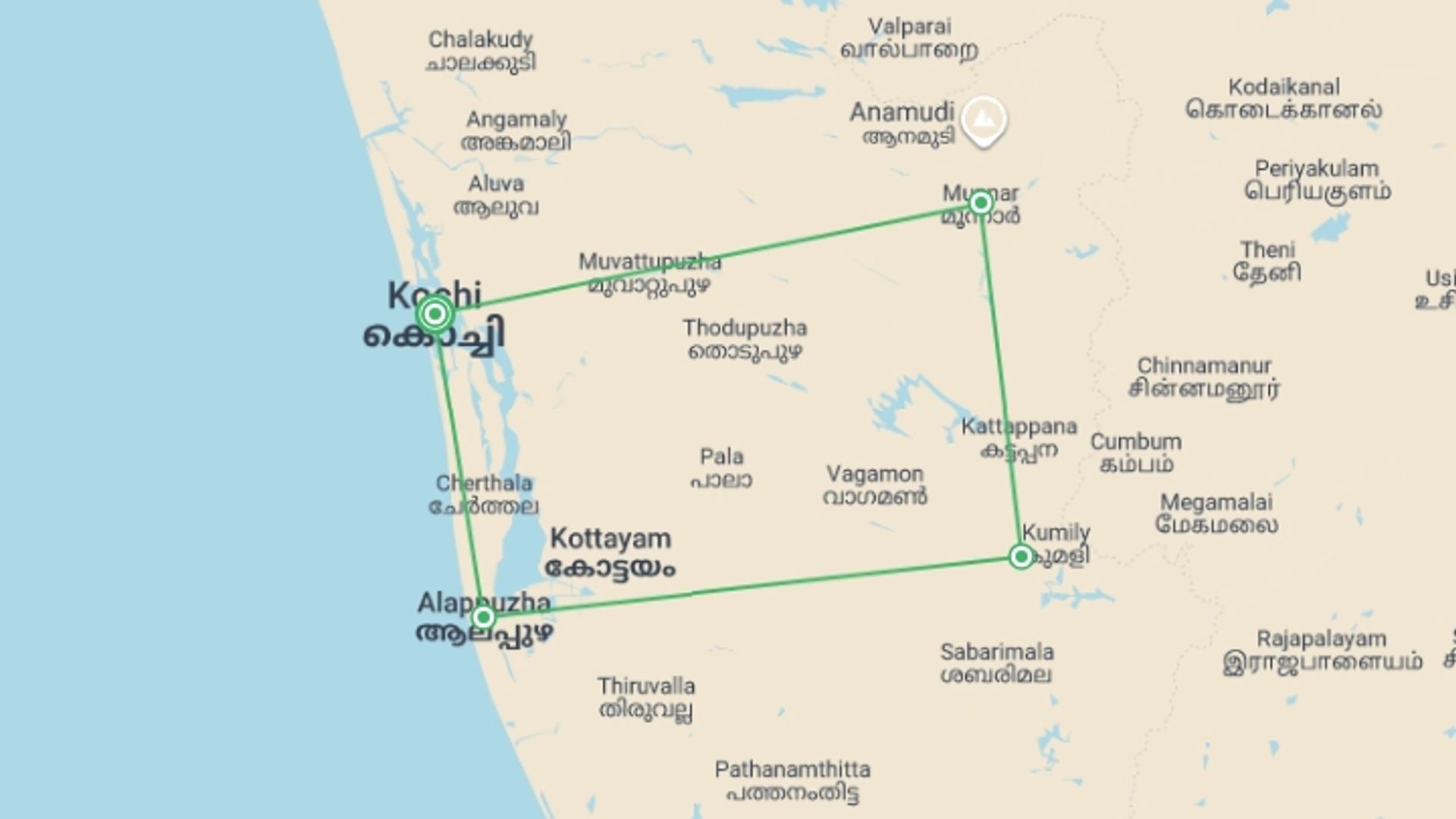 A map showing the tour itinerary for the trip: Kochi, Kerala & Munnar - 5 days, starting in Kochi, India and ending in Kochi, India going through 4 other destinations.