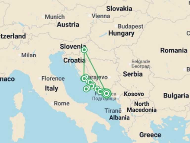 Map of Europe Tour with 9 destination visits for the trip: Croatia & Its Islands Small Ship Cruising on the Adriatic Coast