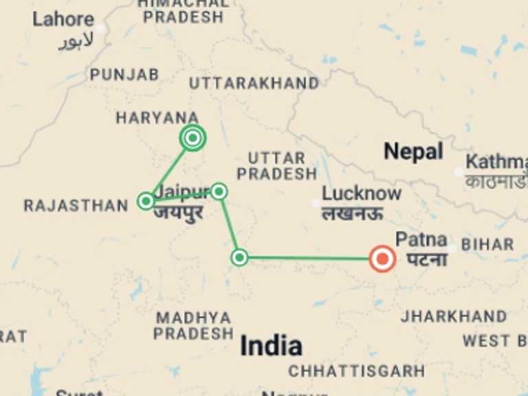 Map of New Delhi Explorer Tour with 5 destination visits for the trip: India’s Golden Triangle: Taj Mahal to the Ganges