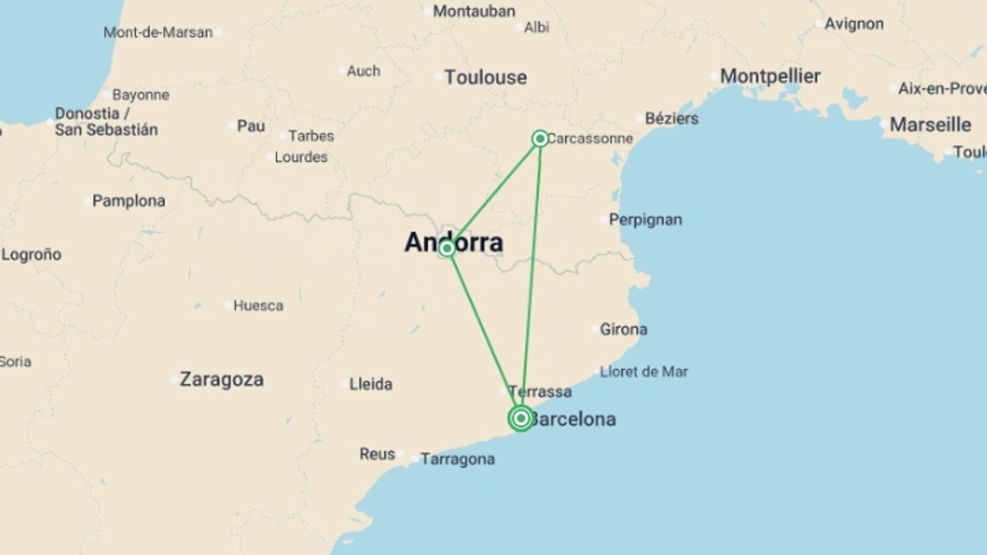 A map showing the tour itinerary for the trip: Catalonia, South of France and Andorra, starting in Barcelona, Spain and ending in Barcelona, Spain going through 2 other destinations.