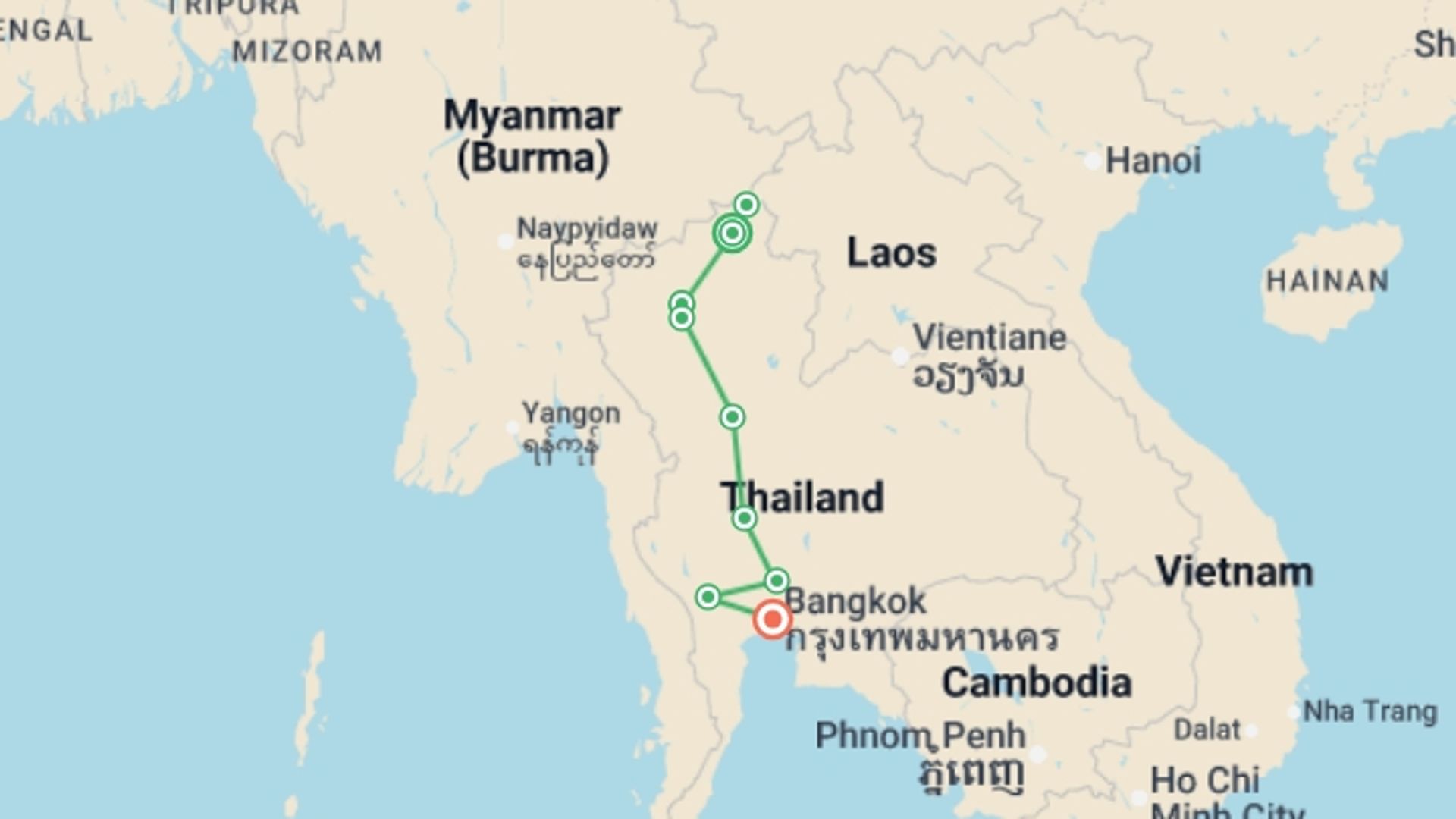 A map showing the tour itinerary for the trip: Thailand Grand Tour, Private Tour, starting in Mueang Chiang Rai, Thailand and ending in Mueang Chiang Rai, Thailand going through 6 other destinations.