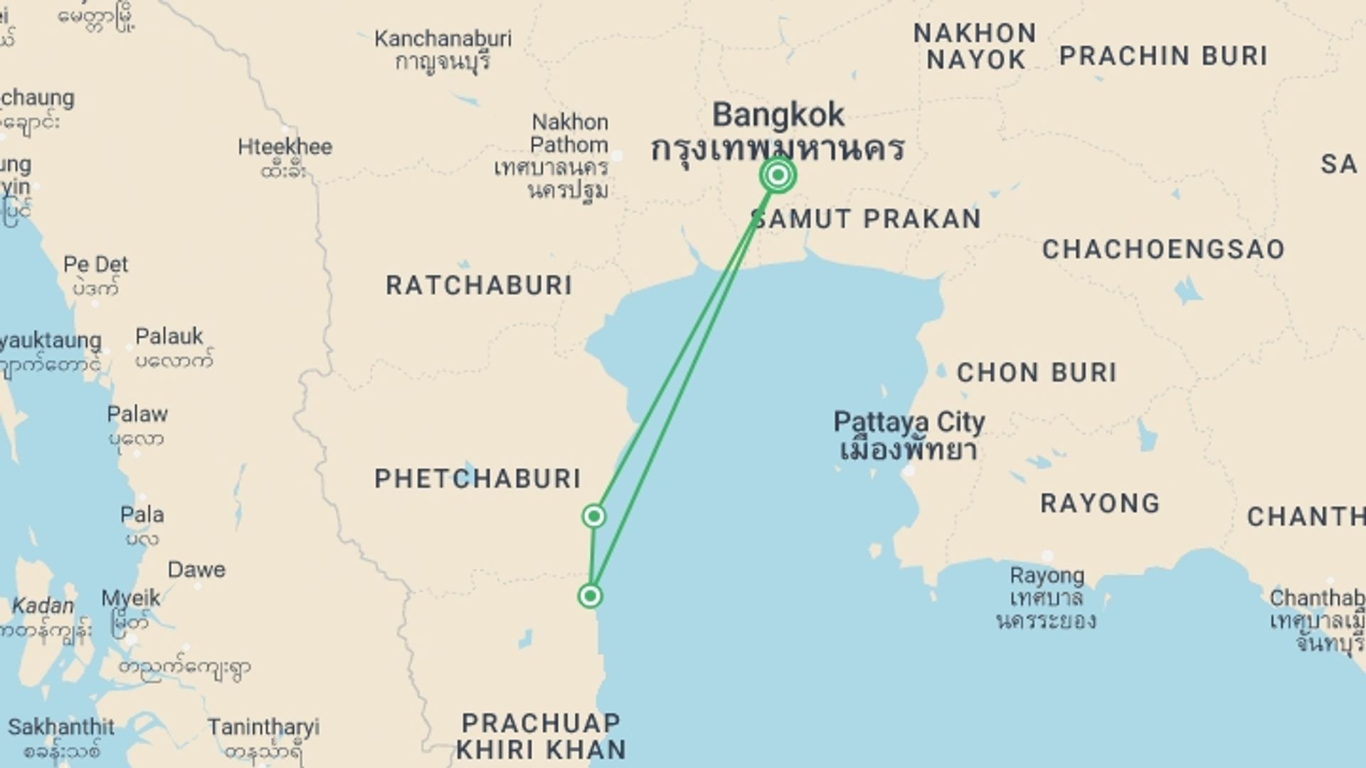 A map showing the tour itinerary for the trip: Road Escape: Hua Hin, starting in Bangkok, Thailand and ending in Bangkok, Thailand going through 1 other destinations.