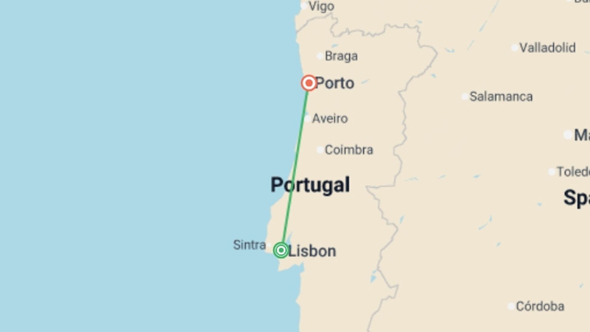 A map showing the tour itinerary for the trip: Essential Portugal by Rail, starting in Lisbon, Portugal and ending in Porto, Portugal going through 0 other destinations.
