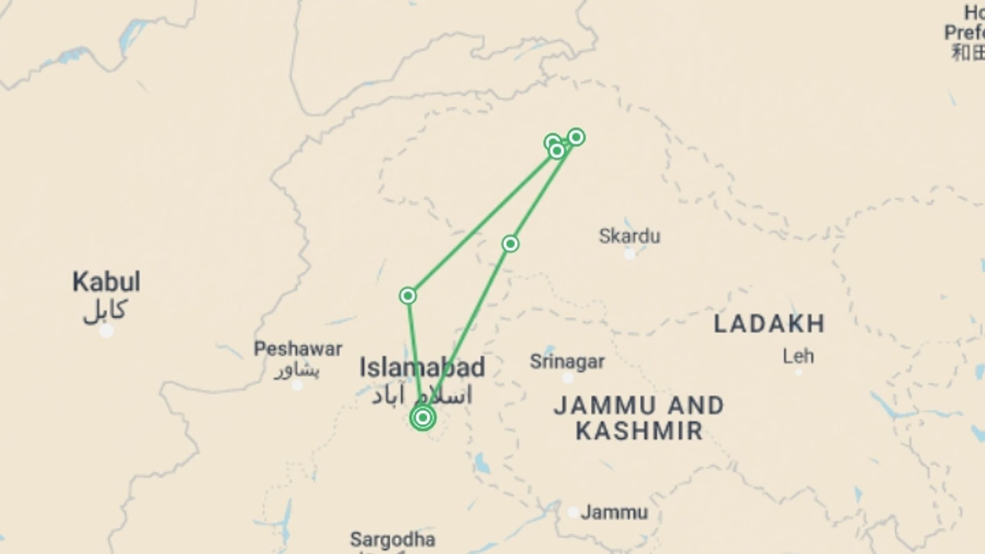 A map showing the tour itinerary for the trip: Patundass/shishper base camp trek, starting in Islamabad, Pakistan and ending in Islamabad, Pakistan going through 6 other destinations.