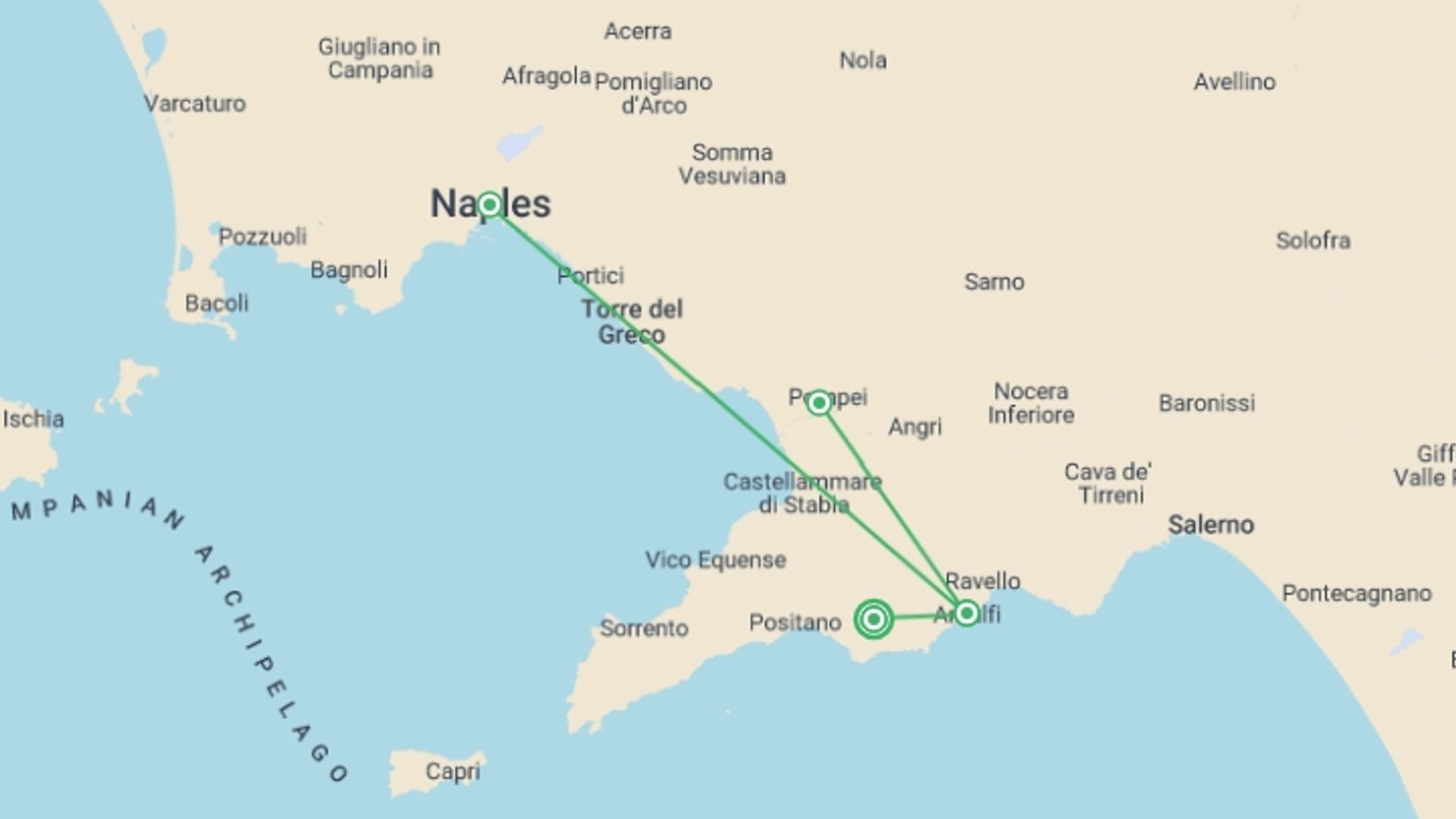 A map showing the tour itinerary for the trip: Walking the Amalfi Coast, starting in Bomerano, Italy and ending in Bomerano, Italy going through 4 other destinations.