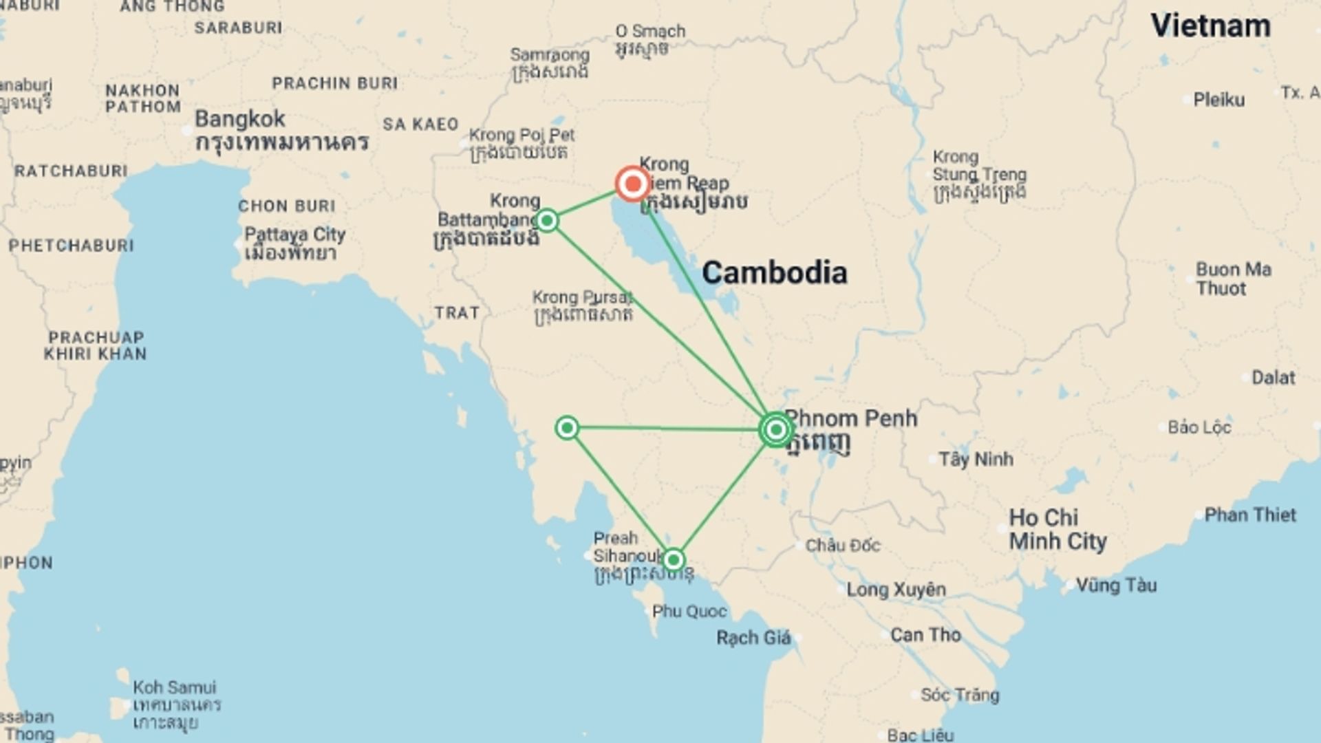 A map showing the tour itinerary for the trip: Cambodia Adventure, starting in Phnom Penh, Cambodia and ending in Siem Reap, Cambodia going through 3 other destinations.