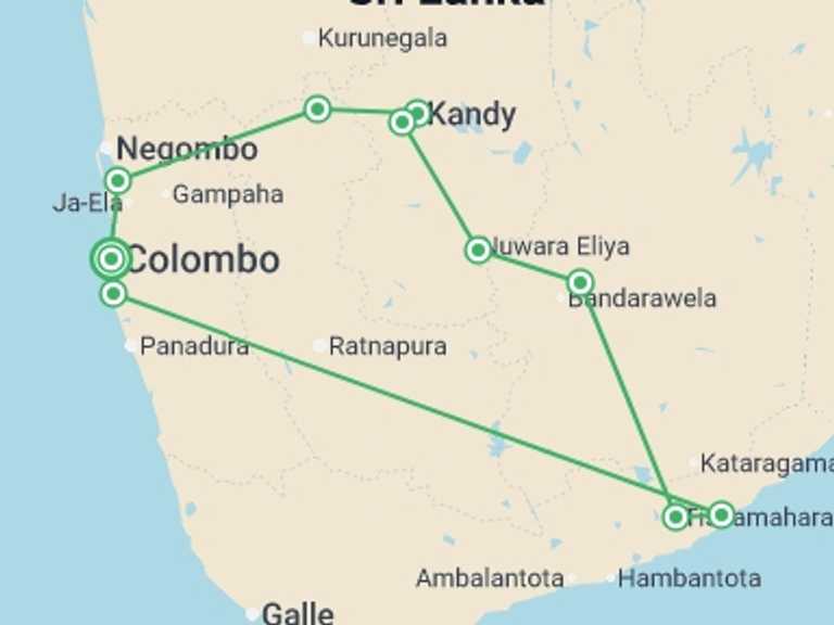 Map itinerary of Asia Tour in April 2027 with 6 destination visits for the trip: Sri Lanka Highlights