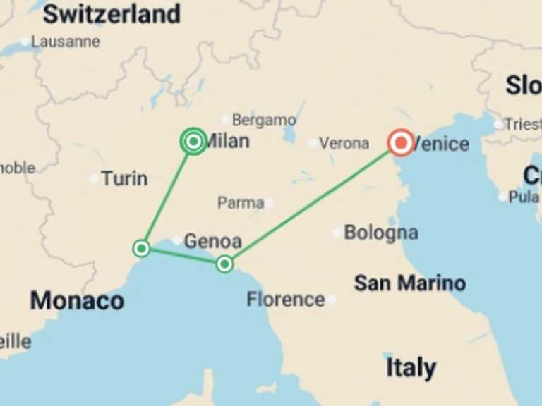 Map itinerary of Milan Tour in May 2026 with 4 destination visits for the trip: Highlights of Northern Italy: Small Group Tour