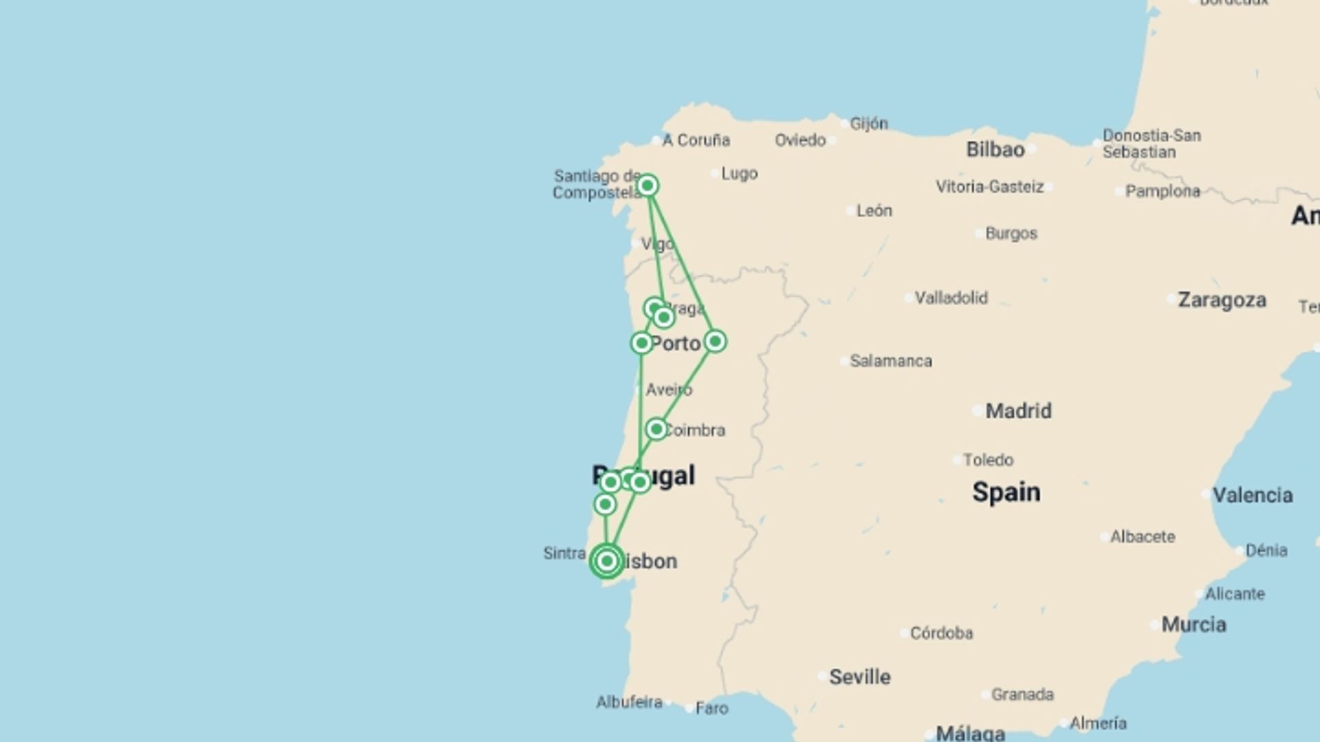 A map showing the tour itinerary for the trip: Northern Portugal with Lisbon, starting in Lisbon, Portugal and ending in Lisbon, Portugal going through 2 other destinations.