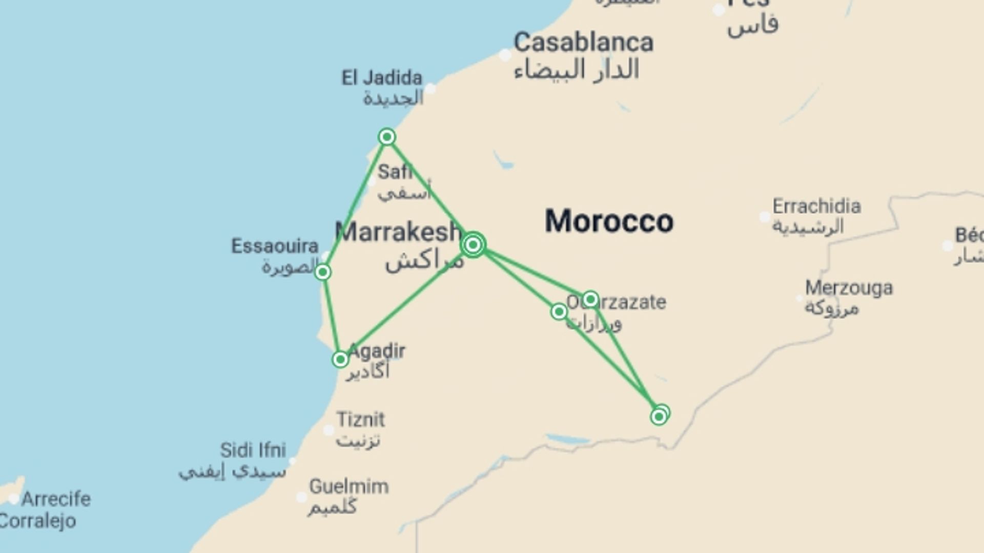 A map showing the tour itinerary for the trip: Southern Morocco: The Sahara, The Coast & Marrakech, starting in Marrakech, Morocco and ending in Marrakech, Morocco going through 7 other destinations.