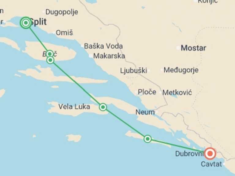 Map of Croatia Sailing, yachting and motor boating Tour with 6 destination visits for the trip: Croatia Island Hopping