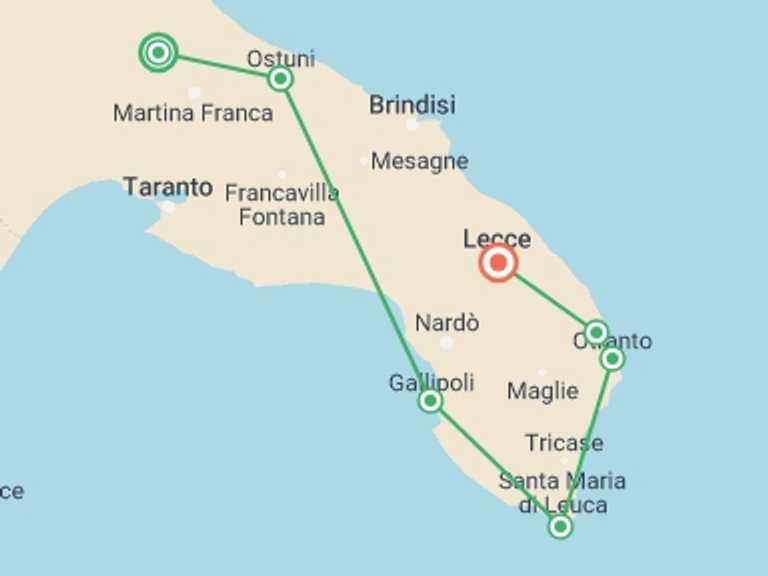 Map of a Bicycle Tour with 7 destination visits for the trip: Cycle Puglia