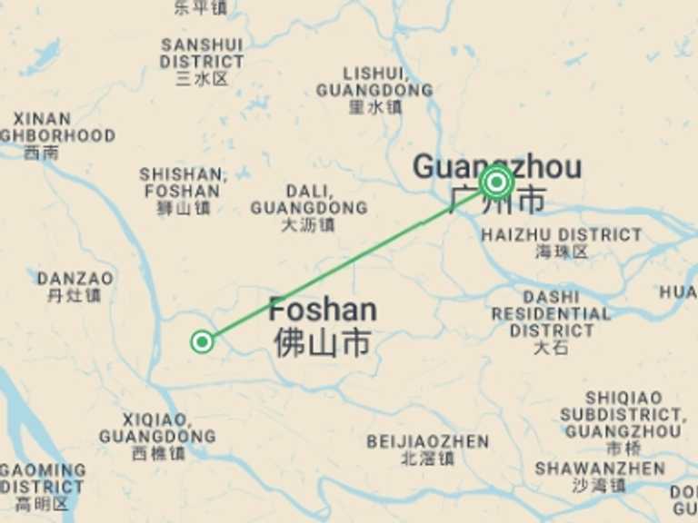 Map itinerary of Asia Tour in July 2026 with 1 destination visits for the trip: Guangzhou & Foshan City Break (Superior) - 4 days