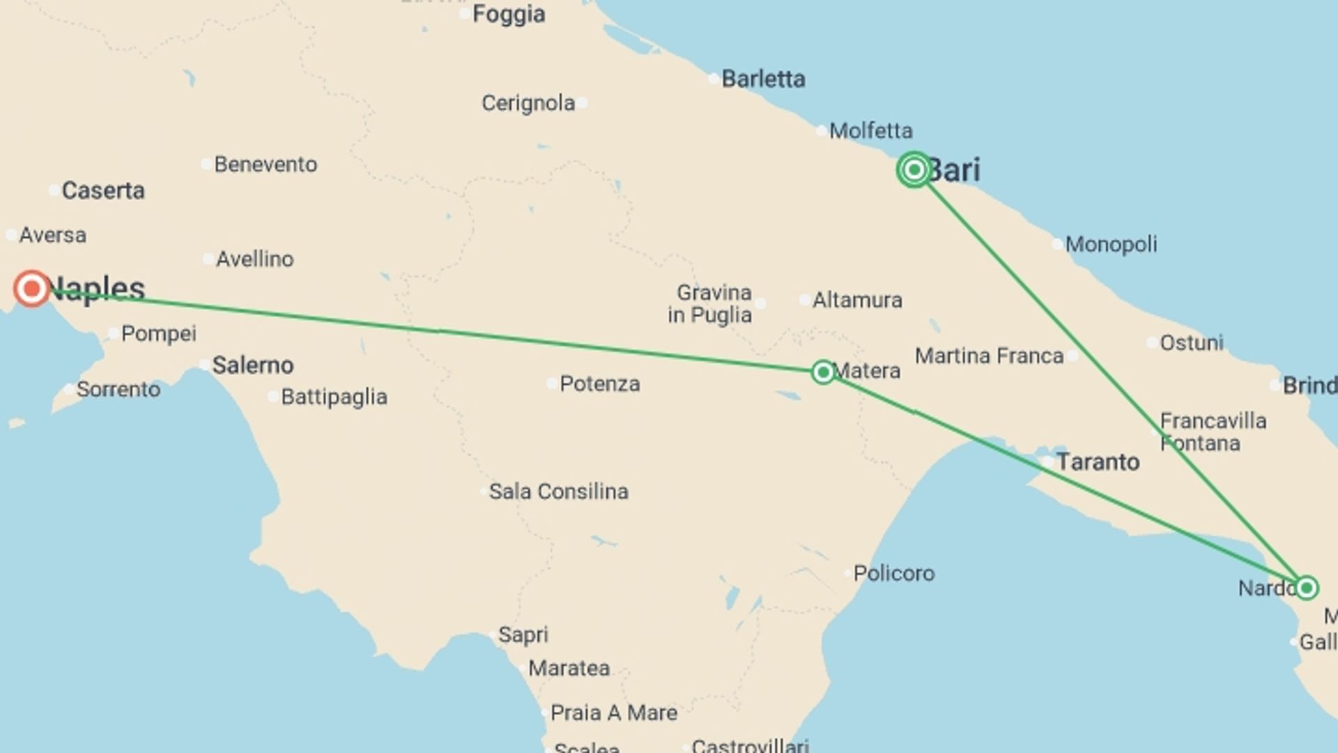 A map showing the tour itinerary for the trip: Premium Puglia, starting in Bari, Italy and ending in Naples, Italy going through 3 other destinations.