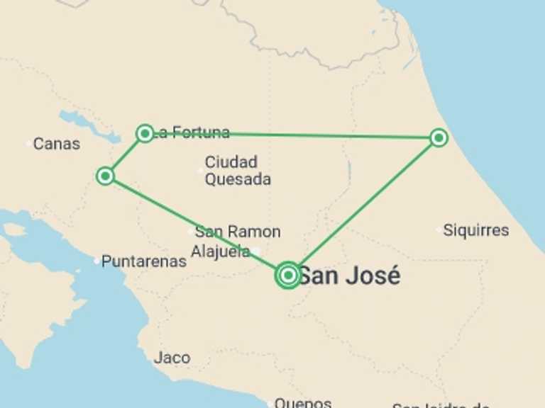 Map of San Jose Wildlife safaris and game drives Tour with 5 destination visits for the trip: Natural Highlights of Costa Rica