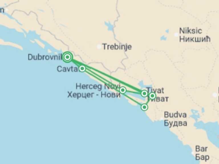 Map itinerary of Dubrovnik Tour in September 2026 with 5 destination visits for the trip: Montenegro Sailing Adventure from Dubrovnik