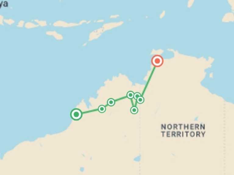 Map itinerary of Darwin Tour in Fall with 8 destination visits for the trip: Broome to Darwin Outback