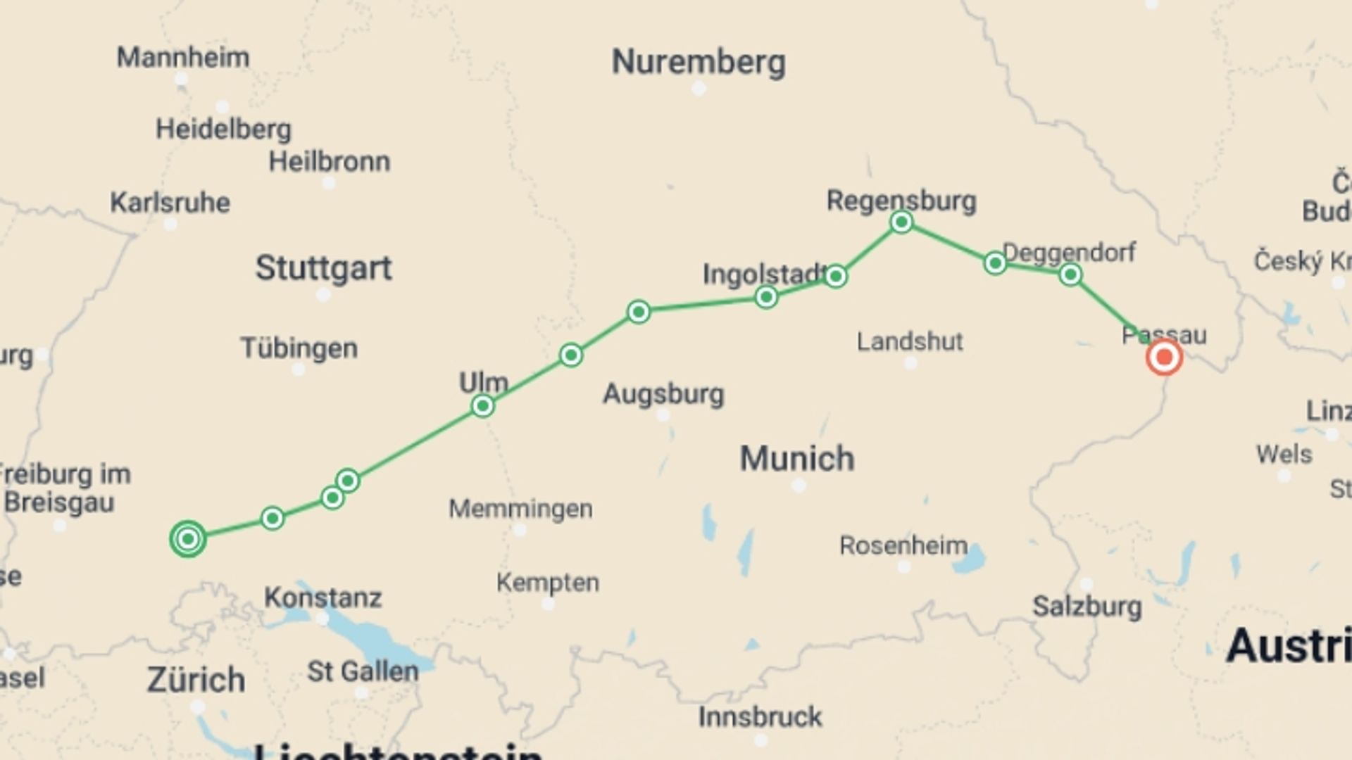 A map showing the tour itinerary for the trip: The German Danube, starting in Donaueschingen, Germany and ending in Passau, Germany going through 11 other destinations.