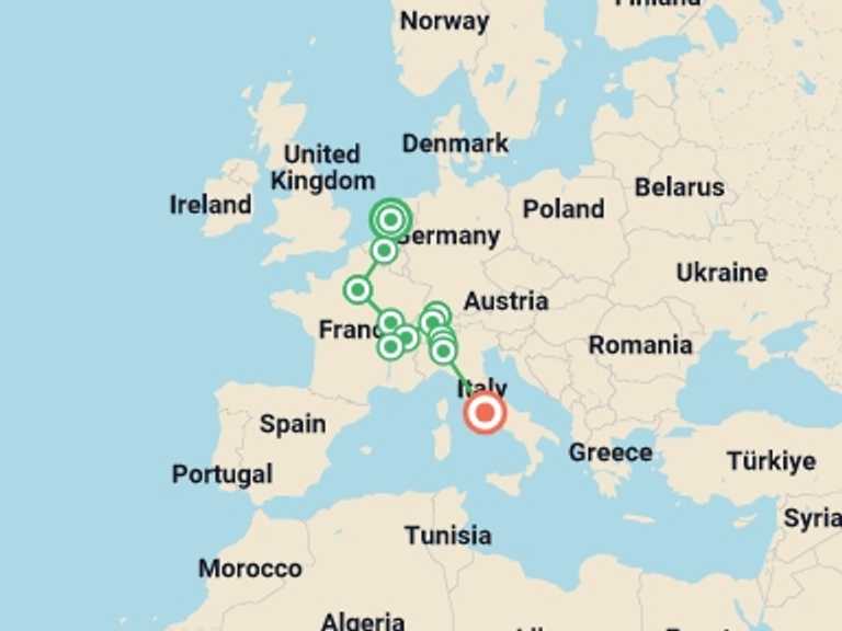 Map itinerary of Europe Tour in January 2027 with 6 destination visits for the trip: Romantic Cities
