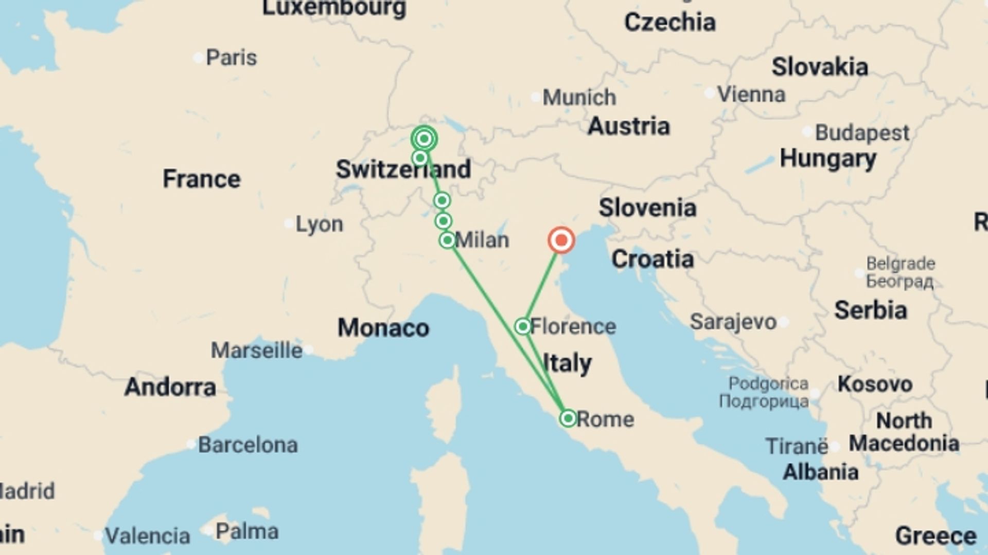 A map showing the tour itinerary for the trip: Swiss and Italian Spotlight End Venice, starting in Zurich, Switzerland and ending in Venice, Italy going through 3 other destinations.