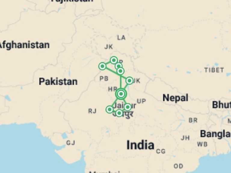 Map itinerary of India Tour in January 2027 with 9 destination visits for the trip: Best of India