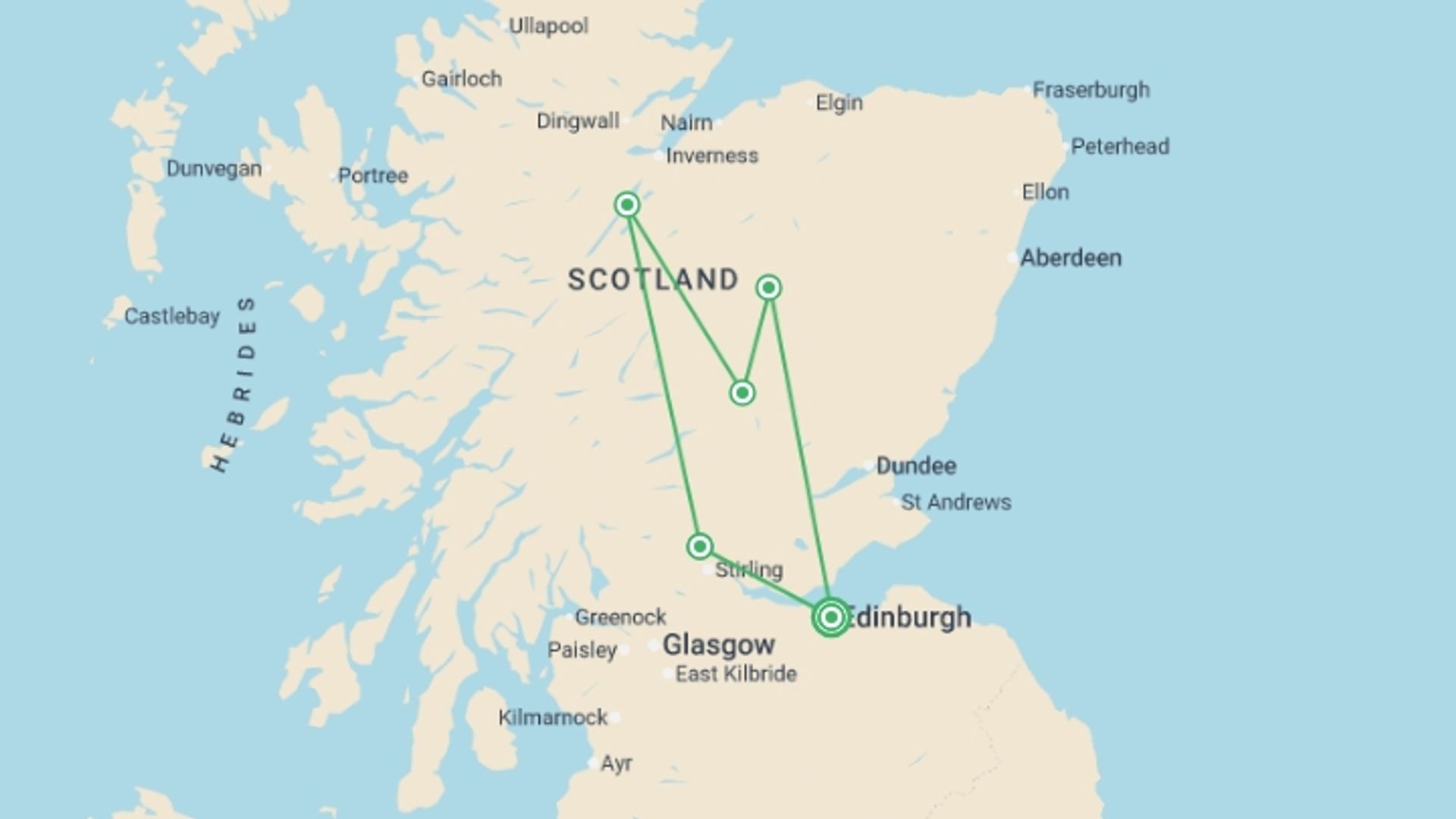 A map showing the tour itinerary for the trip: Classic Scotland: Edinburgh to the Highlands, starting in Edinburgh, Scotland and ending in Edinburgh, Scotland going through 4 other destinations.