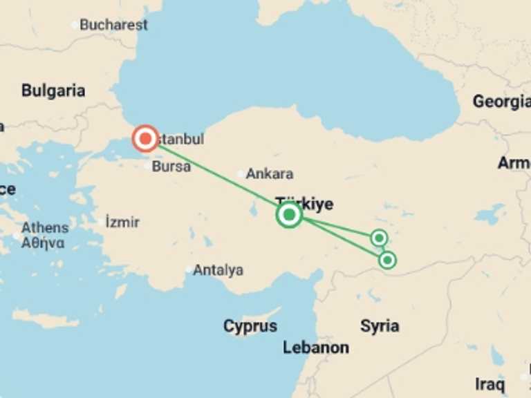 Map of 5-Day Cappadocia Tour with 4 destination visits for the trip: Gobekli Tepe & Mount Nemrut Explorer - 5 days