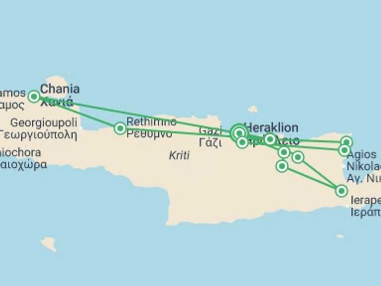 Map itinerary of Heraklion Tour in July 2026 with 3 destination visits for the trip: Treasures Of Crete, Private Tour