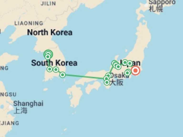 Map of Osaka Cultural, religious and historic sites Tour with 11 destination visits for the trip: Korean Landscapes and Japan with Mount Fuji