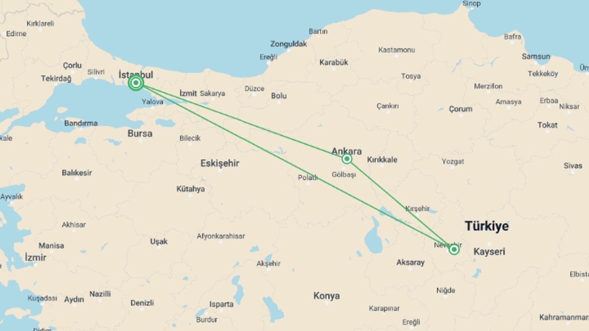 A map showing the tour itinerary for the trip: Istanbul to Cappadocia Luxury Turkey Tour, starting in Istanbul, Turkey and ending in Istanbul, Turkey going through 2 other destinations.