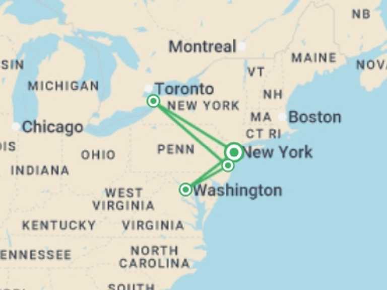 Map of North America Tour with 4 destination visits for the trip: Ultimate Niagara & East Coast Highlights - 5 days