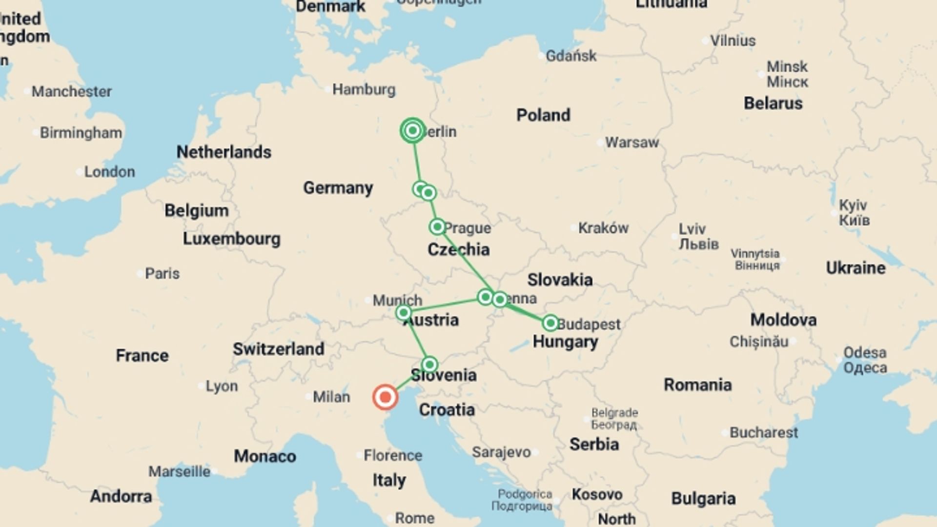 A map showing the tour itinerary for the trip: Berlin to Venice, starting in Berlin, Germany and ending in Venice, Italy going through 7 other destinations.