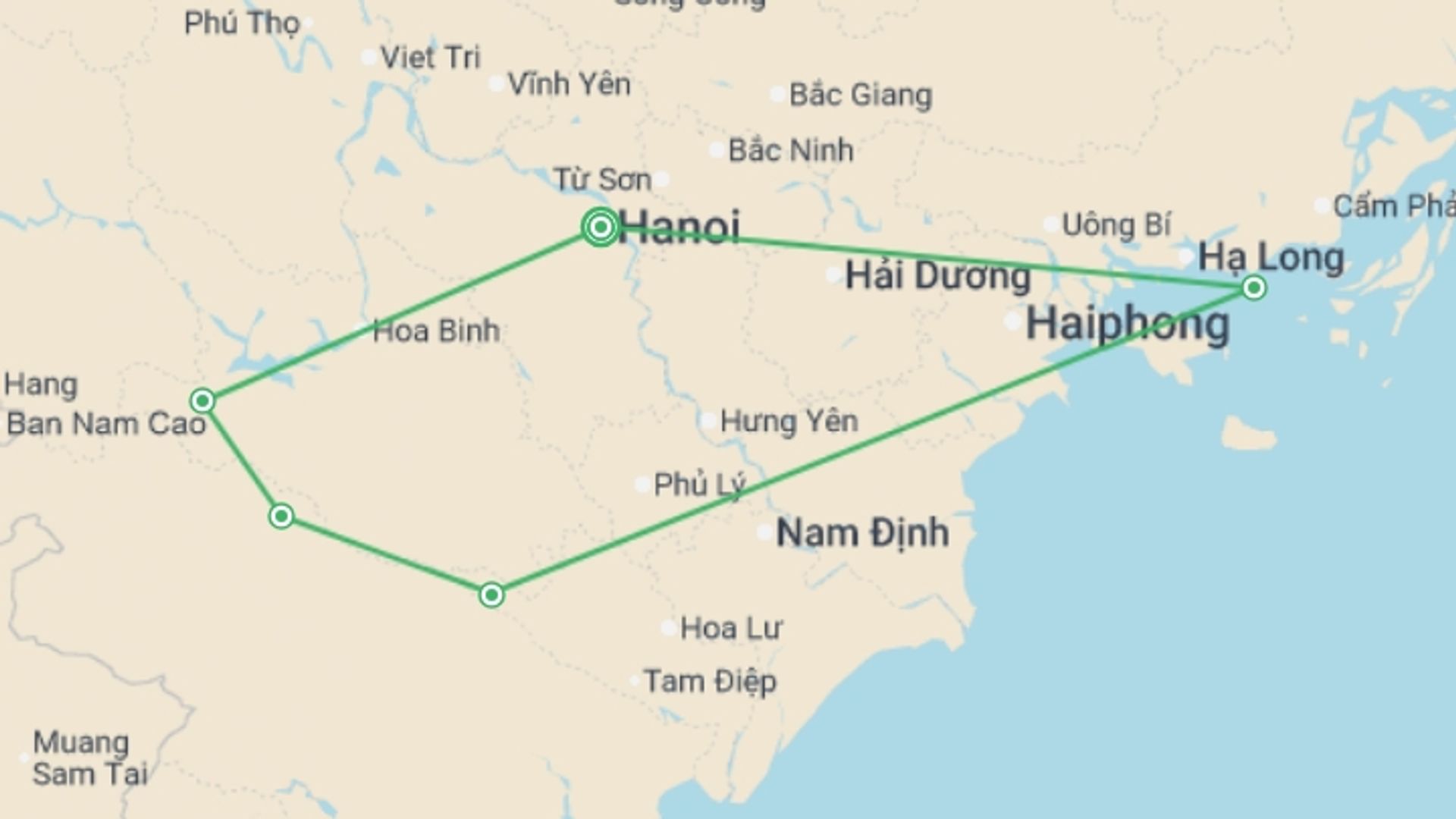 A map showing the tour itinerary for the trip: Cycle Northern Vietnam, starting in Hanoi, Vietnam and ending in Hanoi, Vietnam going through 4 other destinations.