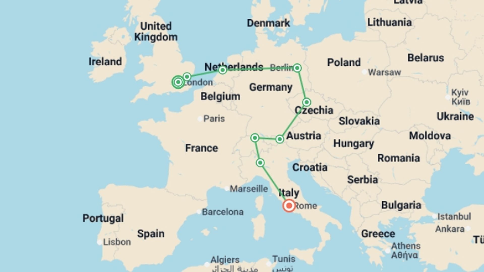 A map showing the tour itinerary for the trip: European Circle from London to Rome GO, starting in London, England and ending in Rome, Italy going through 7 other destinations.