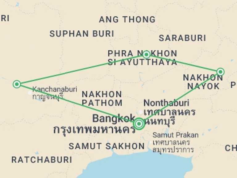 Map itinerary of Asia Tour in April 2027 with 3 destination visits for the trip: Central Thailand Highlights In A Loop 3 Days, Private Tour