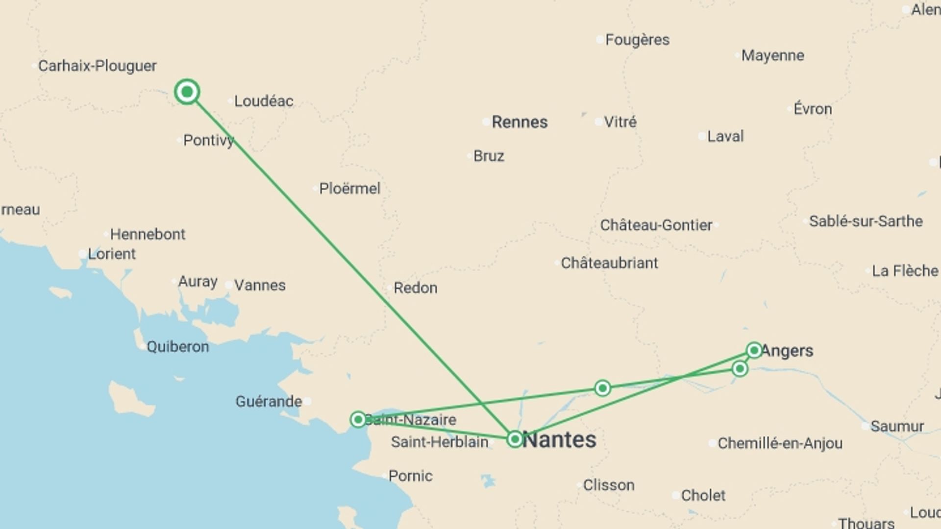 A map showing the tour itinerary for the trip: Christmas on the Loire (port-to-port cruise), starting in Brittany, France and ending in Brittany, France going through 4 other destinations.
