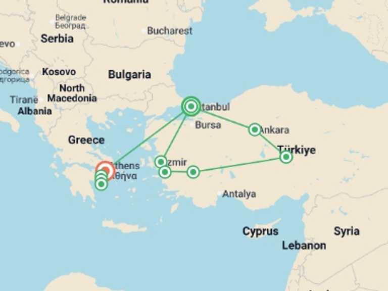 Map itinerary of Athens Tour in October 2026 with 6 destination visits for the trip: Best of Turkey & Aegean Greece - 11 days
