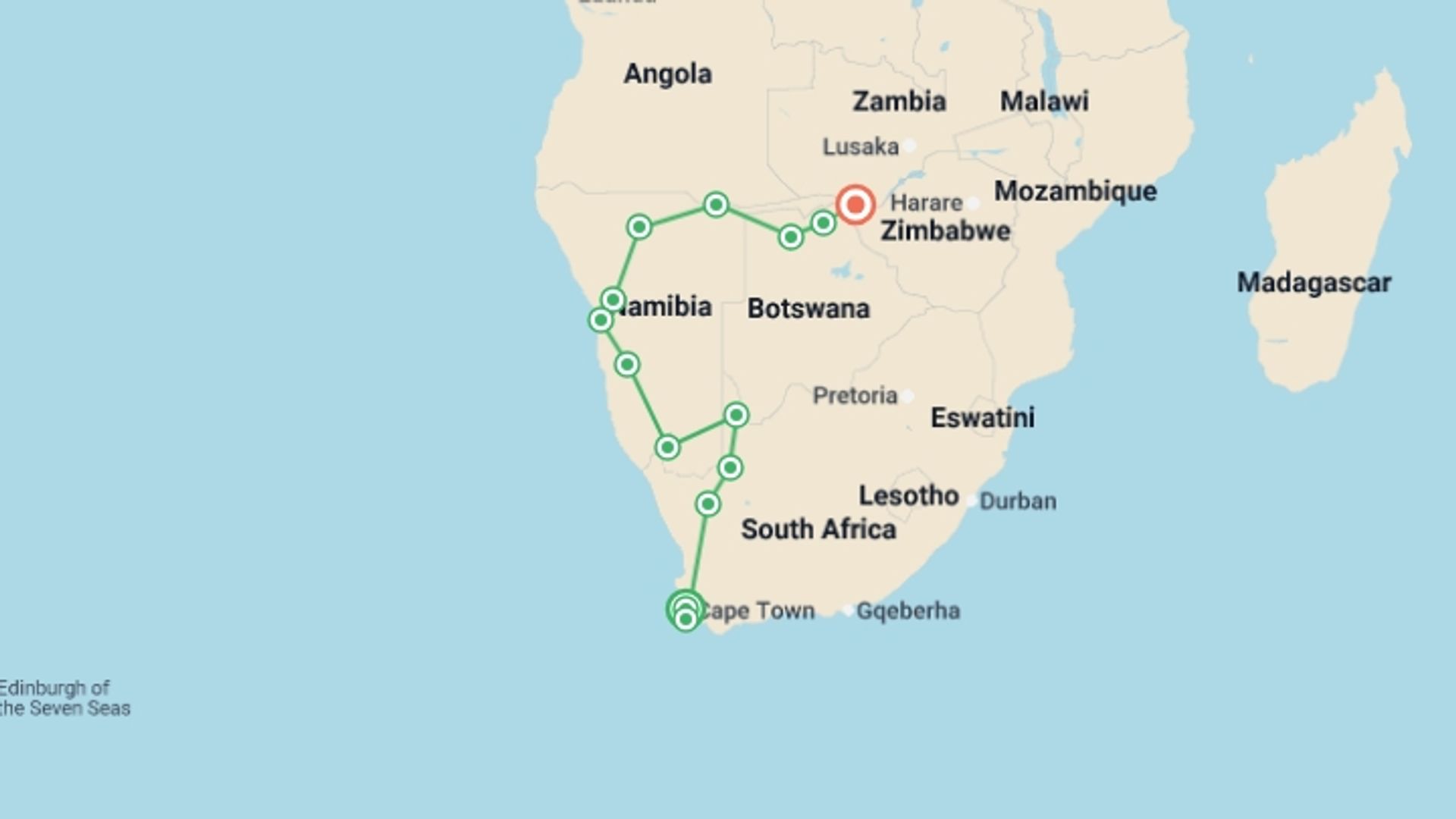 A map showing the tour itinerary for the trip: Southern Africa Cape to Falls - 20 days  , starting in Cape Town, South Africa and ending in Victoria Falls, Zimbabwe going through 12 other destinations.