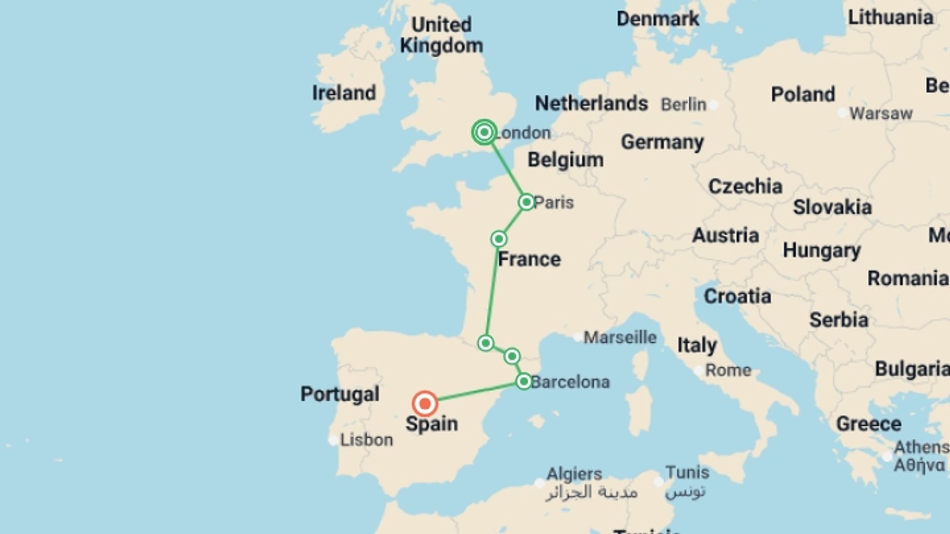 A map showing the tour itinerary for the trip: London to Madrid, starting in London, England and ending in Madrid, Spain going through 5 other destinations.