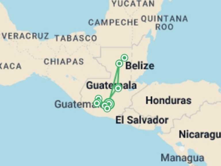 Map of a Sightseeing Tour with 6 destination visits for the trip: The Mayan Wonders of Guatemala 