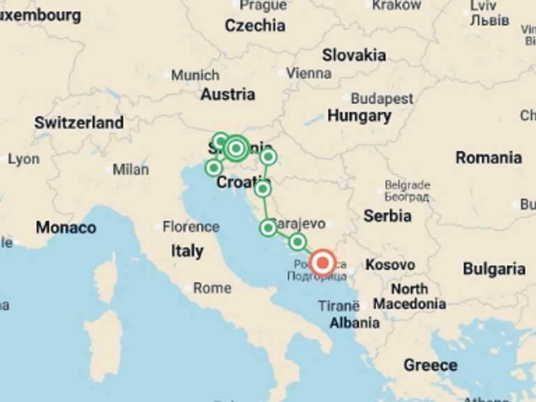 Map itinerary of Europe Tour in June 2026 with 8 destination visits for the trip: Highlights of Slovenia & Croatia