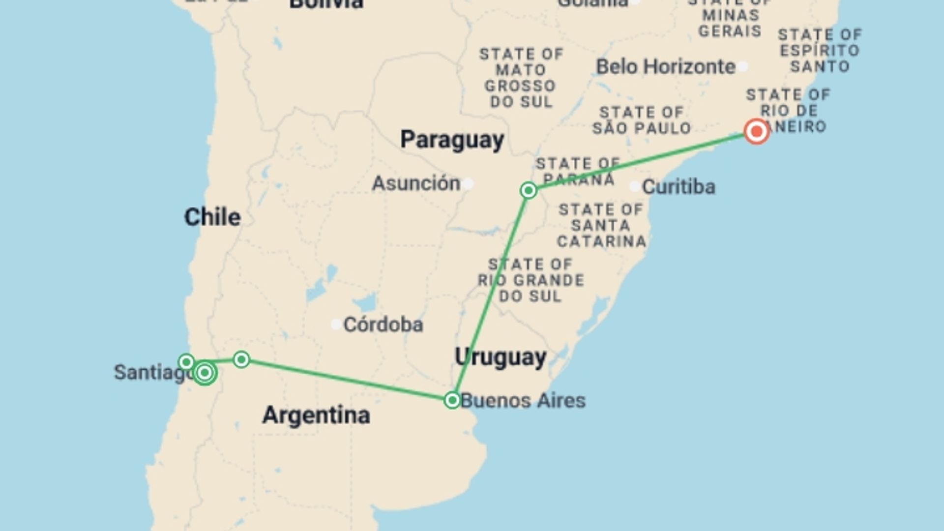 A map showing the tour itinerary for the trip: Premium Chile, Argentina & Brazil, starting in Santiago, Chile and ending in Rio de Janeiro, Brazil going through 4 other destinations.