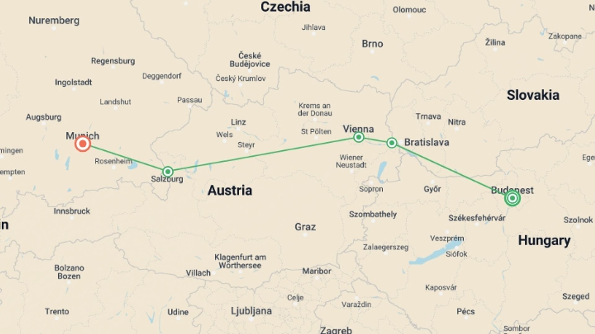 A map showing the tour itinerary for the trip: Dreamy Christmas Markets: Budapest to Munich, starting in Budapest, Hungary and ending in Munich, Germany going through 2 other destinations.