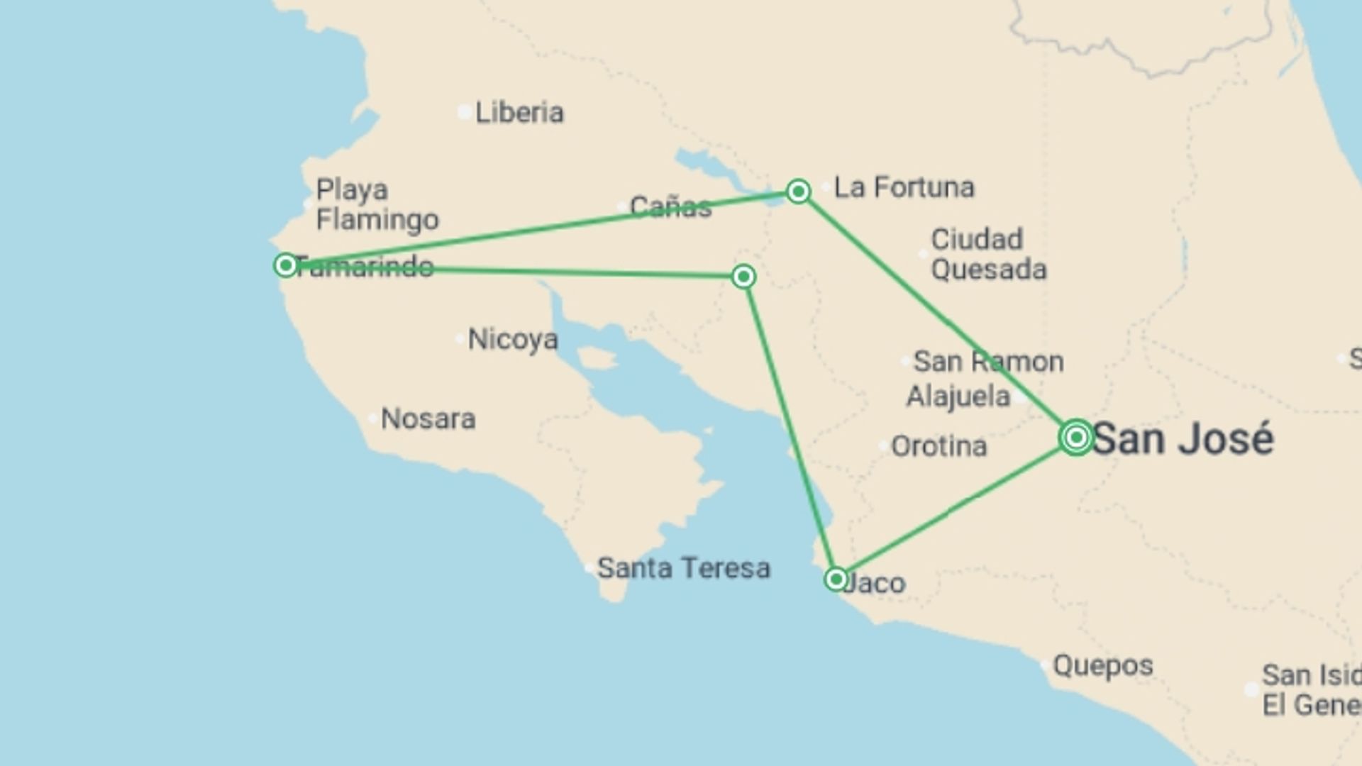 A map showing the tour itinerary for the trip: Best of Costa Rica, starting in San Jose, Costa Rica and ending in San Jose, Costa Rica going through 4 other destinations.